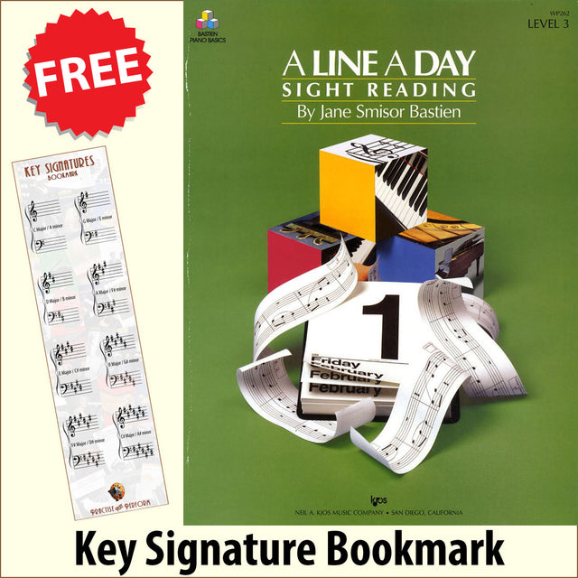 front cover of Bastien Piano Basics A Line a Day Sight Reading Level 3 together with free Piano Clef bookmark