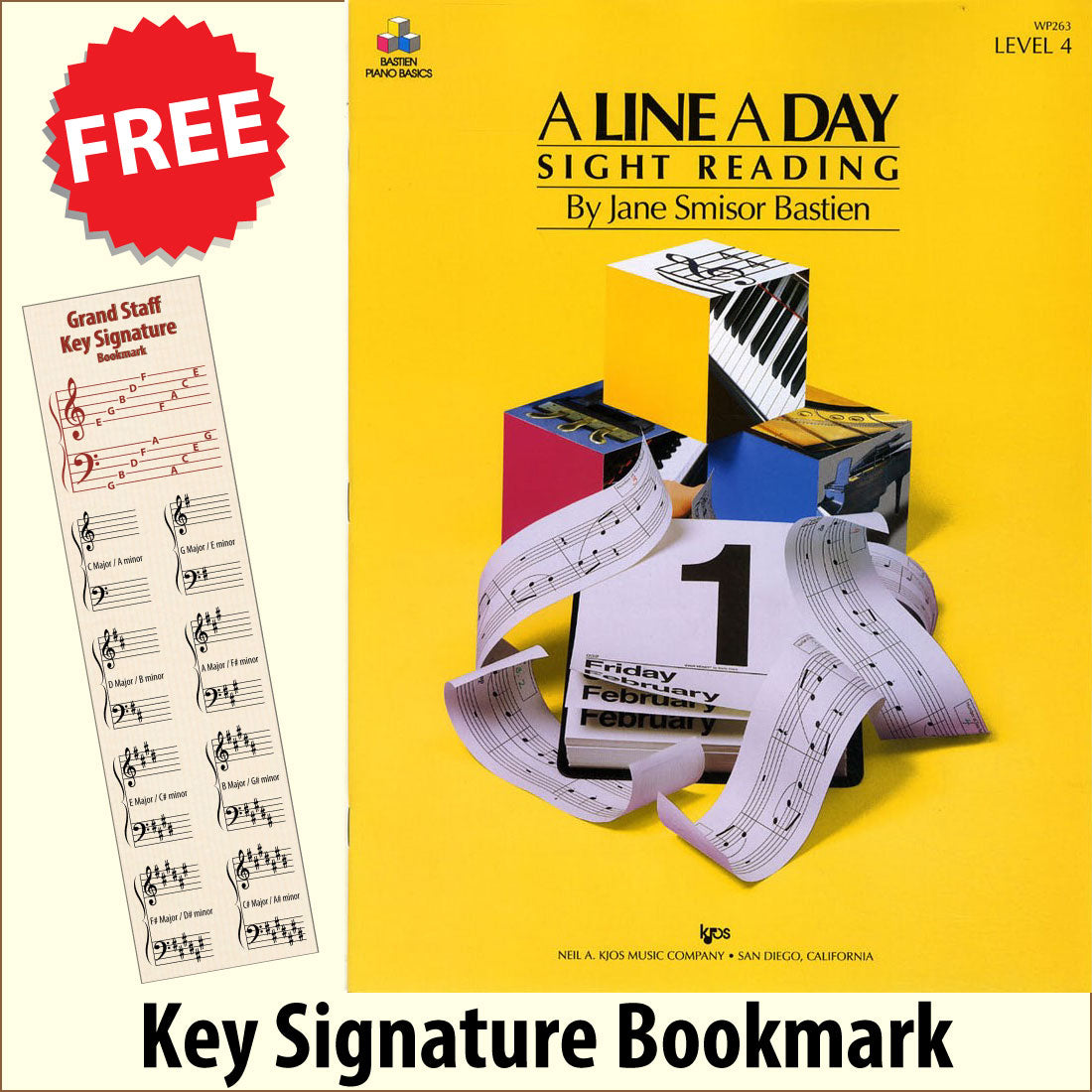 front cover of Bastien Piano Basics A Line a Day Sight Reading Level 4 together with free Piano Clef bookmark