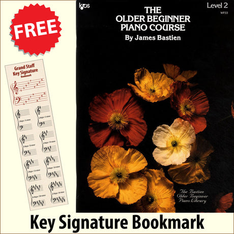 front cover of The Older Beginner Piano Course Level 2 together with free Piano Clef bookmark