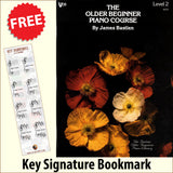 front cover of The Older Beginner Piano Course Level 2 together with free Piano Clef bookmark