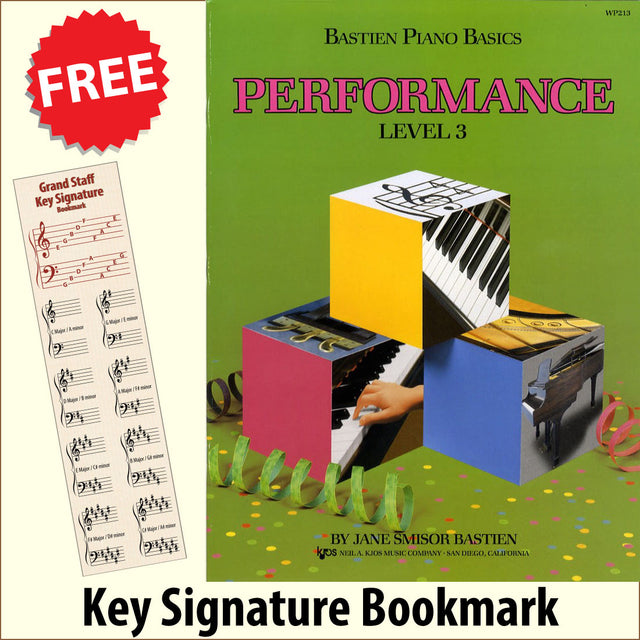 front cover of Bastien Piano Basics Performance Level 3 together with free Piano Clef bookmark