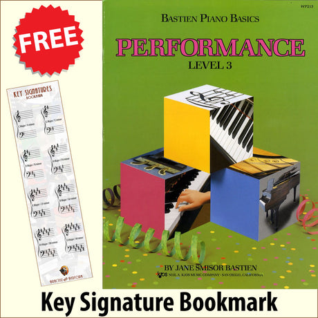 front cover of Bastien Piano Basics Performance Level 3 together with free Piano Clef bookmark