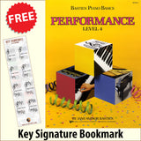 front cover of Bastien Piano Basics Performance Level 4 together with free Piano Clef bookmark