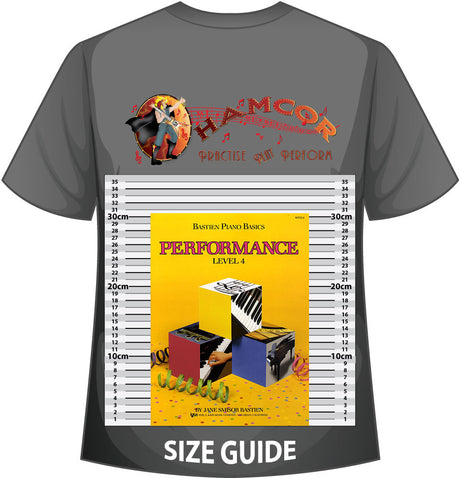 front cover of Bastien Piano Basics Performance Level 4 on a size guide