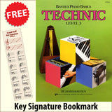 front cover of Bastien Piano Basics Technic Level 3 together with free Piano Clef bookmark