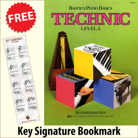 front cover of Bastien Piano Basics Technic Level 3 together with free Piano Clef bookmark