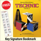 front cover of Bastien Piano Basics Technic Level 4 together with free Piano Clef bookmark