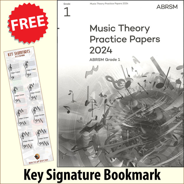 front cover of ABRSM Music Theory Practice Papers 2024 Grade 1 together with free Grand Staff bookmark