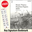 front cover of ABRSM Music Theory Practice Papers 2024 Grade 2 together with free Grand Staff bookmark