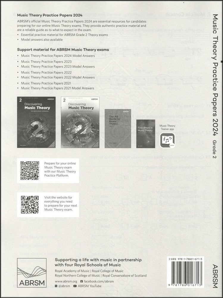 back cover of ABRSM Music Theory Practice Papers 2024 Grade 2