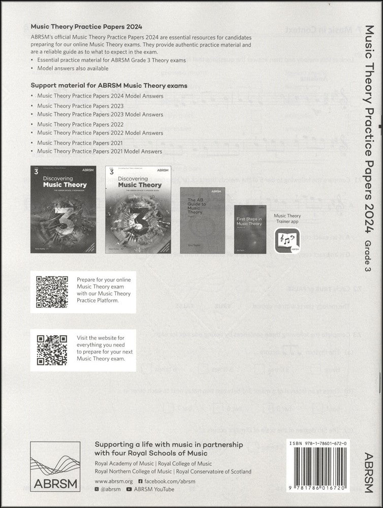 back cover of ABRSM Music Theory Practice Papers 2024 Grade 3