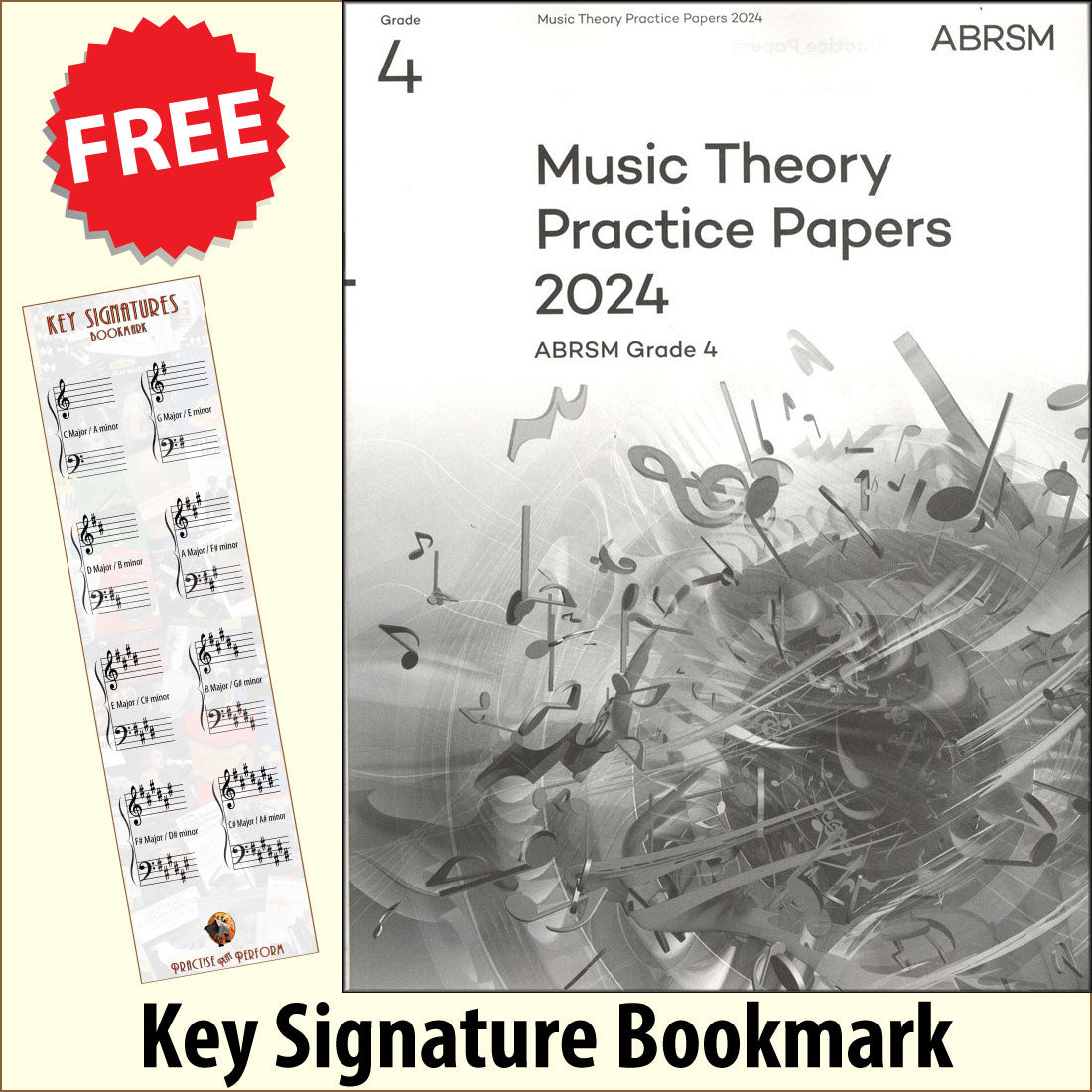 front cover of ABRSM Music Theory Practice Papers 2024 Grade 4 together with free Grand Staff bookmark