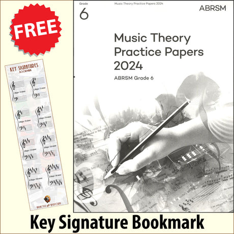 front cover of ABRSM Music Theory Practice Papers 2024 Grade 6 together with free Grand Staff bookmark