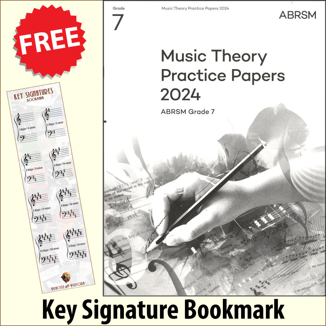 front cover of ABRSM Music Theory Practice Papers 2024 Grade 7 together with free Grand Staff bookmark