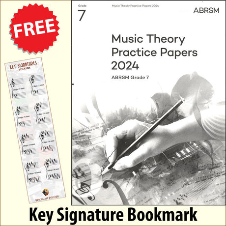 front cover of ABRSM Music Theory Practice Papers 2024 Grade 7 together with free Grand Staff bookmark