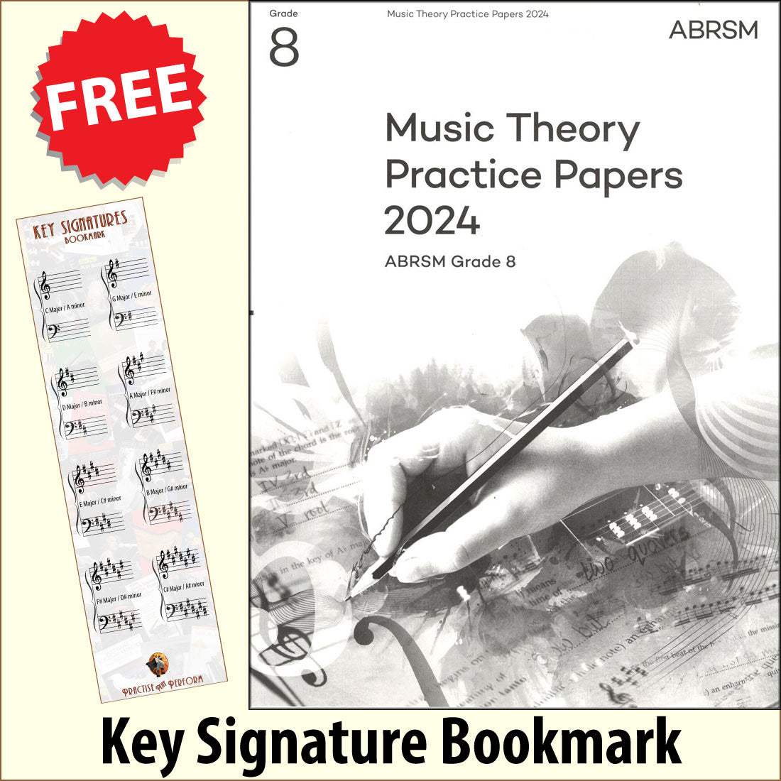 front cover of ABRSM Music Theory Practice Papers 2024 Grade 8 together with free Grand Staff bookmark