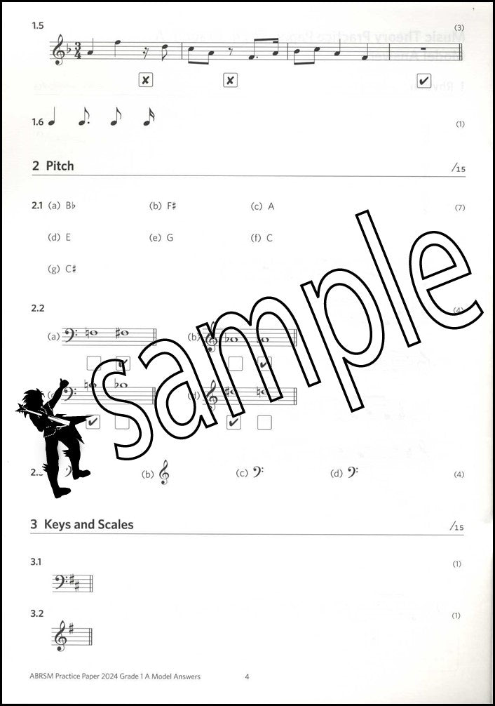 1st sample page from ABRSM Music Theory Practice Papers 2024 Grade 1 MODEL ANSWERS