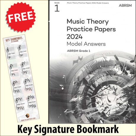 front cover of ABRSM Music Theory Practice Papers 2024 Grade 1 MODEL ANSWERS together with free Grand Staff bookmark