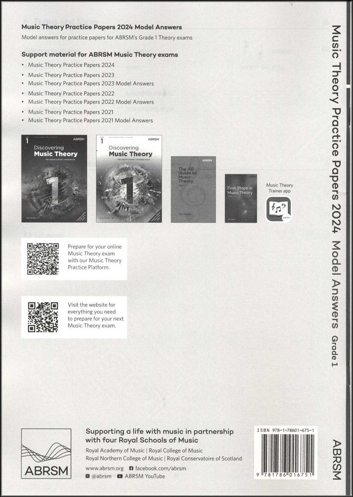 back cover of ABRSM Music Theory Practice Papers 2024 Grade 1 MODEL ANSWERS