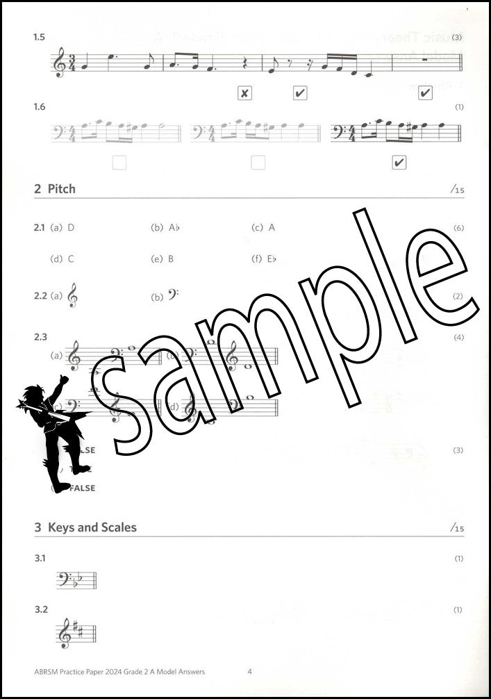 1st sample page from ABRSM Music Theory Practice Papers 2024 Grade 2 MODEL ANSWERS