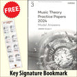 front cover of ABRSM Music Theory Practice Papers 2024 Grade 3 MODEL ANSWERS together with free Grand Staff bookmark