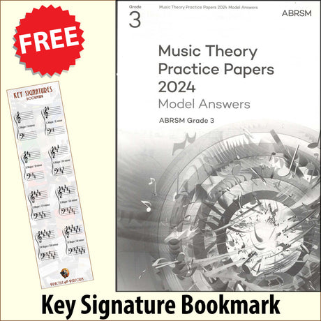 front cover of ABRSM Music Theory Practice Papers 2024 Grade 3 MODEL ANSWERS together with free Grand Staff bookmark