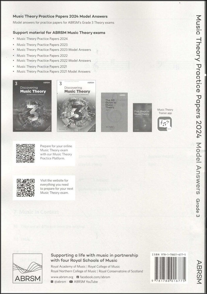 back cover of ABRSM Music Theory Practice Papers 2024 Grade 3 MODEL ANSWERS