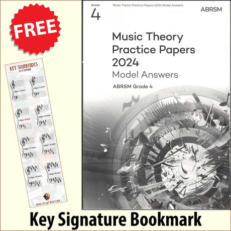 front cover of ABRSM Music Theory Practice Papers 2024 Grade 4 MODEL ANSWERS together with free Grand Staff bookmark