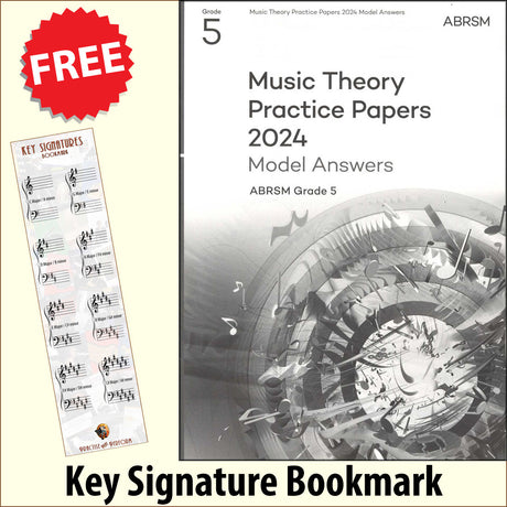 front cover of ABRSM Music Theory Practice Papers 2024 Grade 5 MODEL ANSWERS together with free Grand Staff bookmark