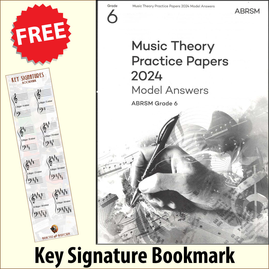 front cover of ABRSM Music Theory Practice Papers 2024 Grade 6 MODEL ANSWERS together with free Grand Staff bookmark