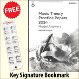 front cover of ABRSM Music Theory Practice Papers 2024 Grade 6 MODEL ANSWERS together with free Grand Staff bookmark