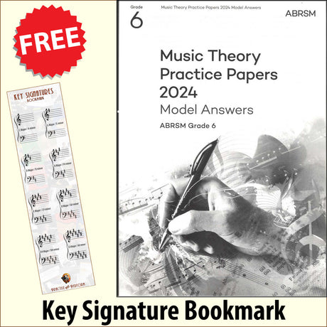 front cover of ABRSM Music Theory Practice Papers 2024 Grade 6 MODEL ANSWERS together with free Grand Staff bookmark