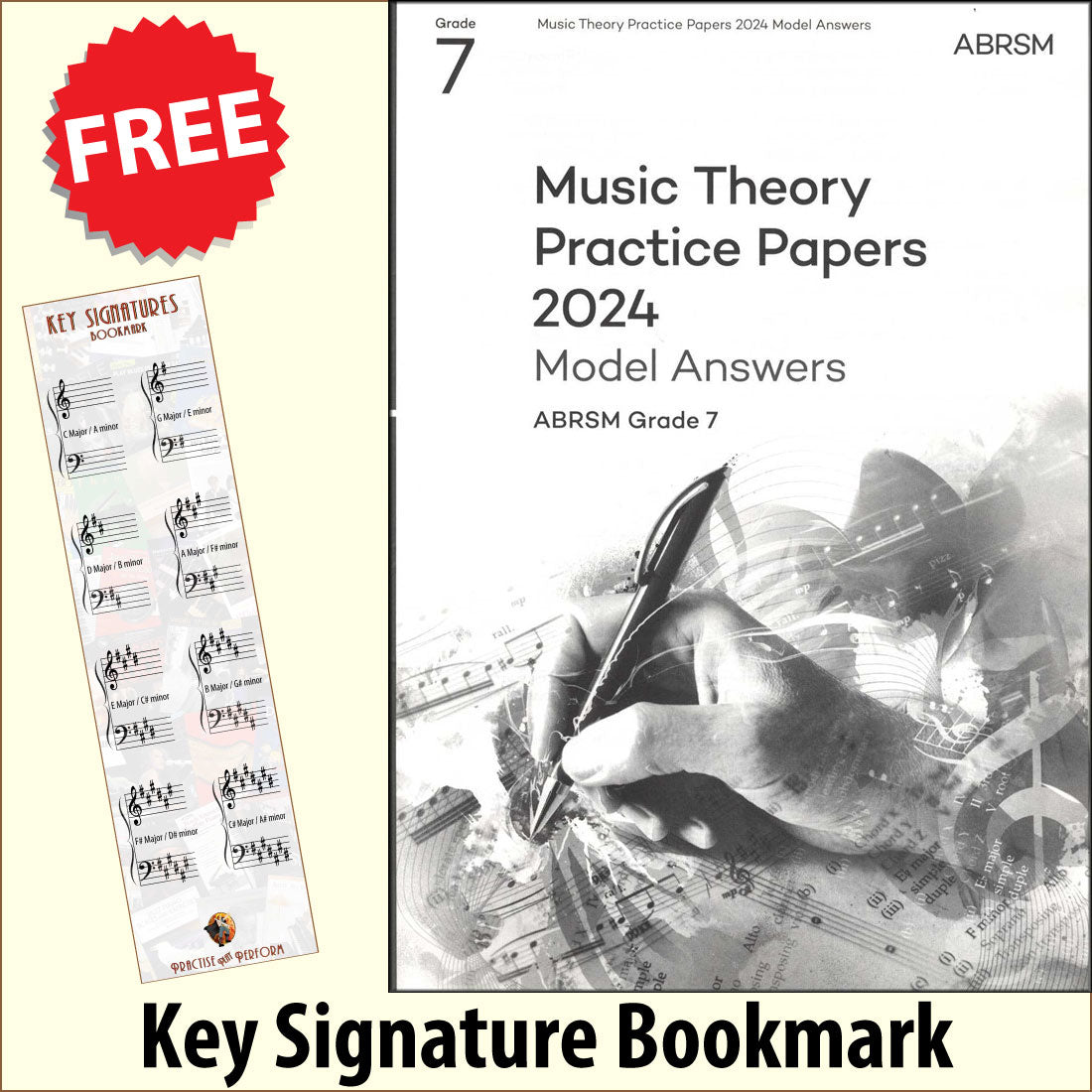 front cover of ABRSM Music Theory Practice Papers 2024 Grade 7 MODEL ANSWERS together with free Grand Staff bookmark