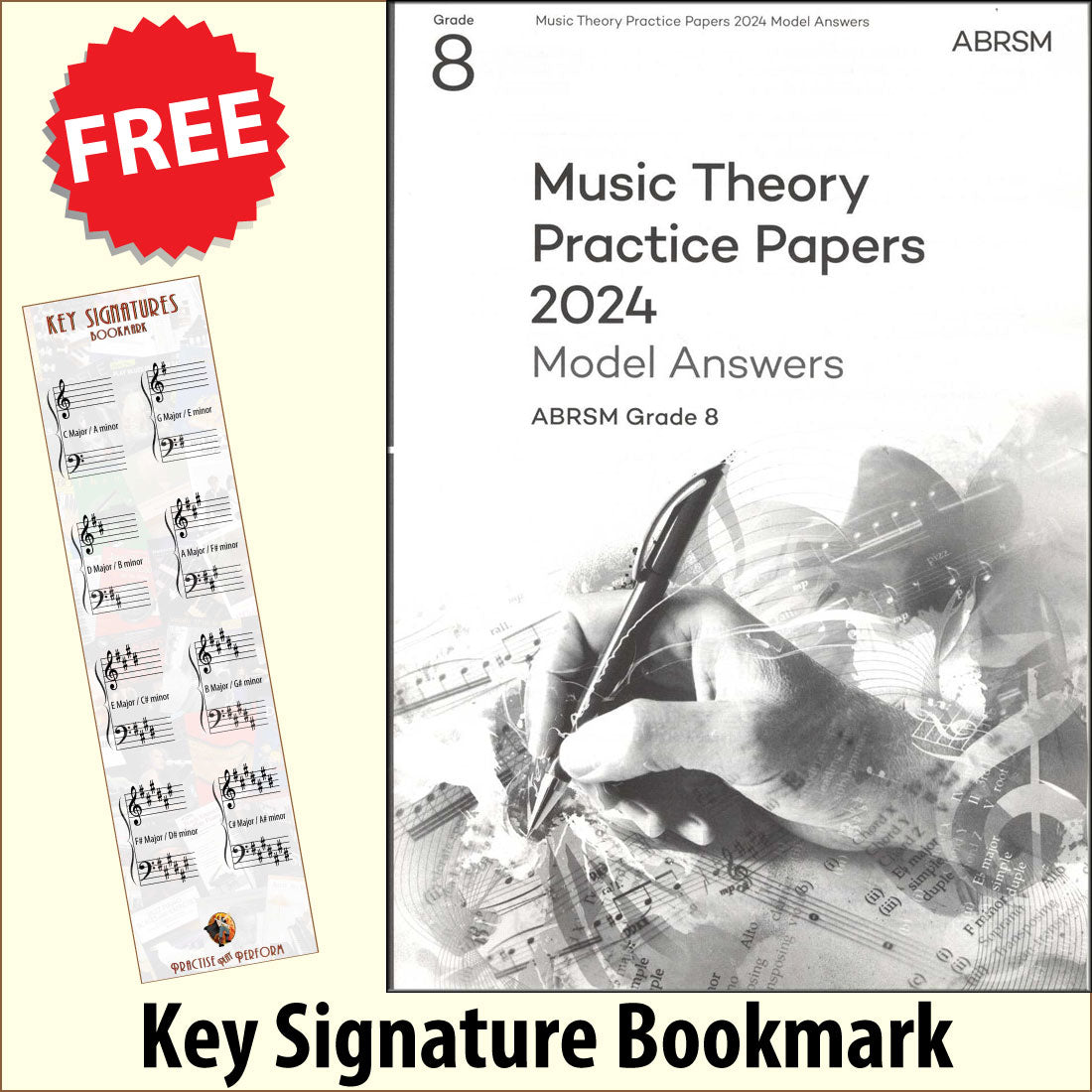 front cover of ABRSM Music Theory Practice Papers 2024 Grade 8 MODEL ANSWERS together with free Grand Staff bookmark