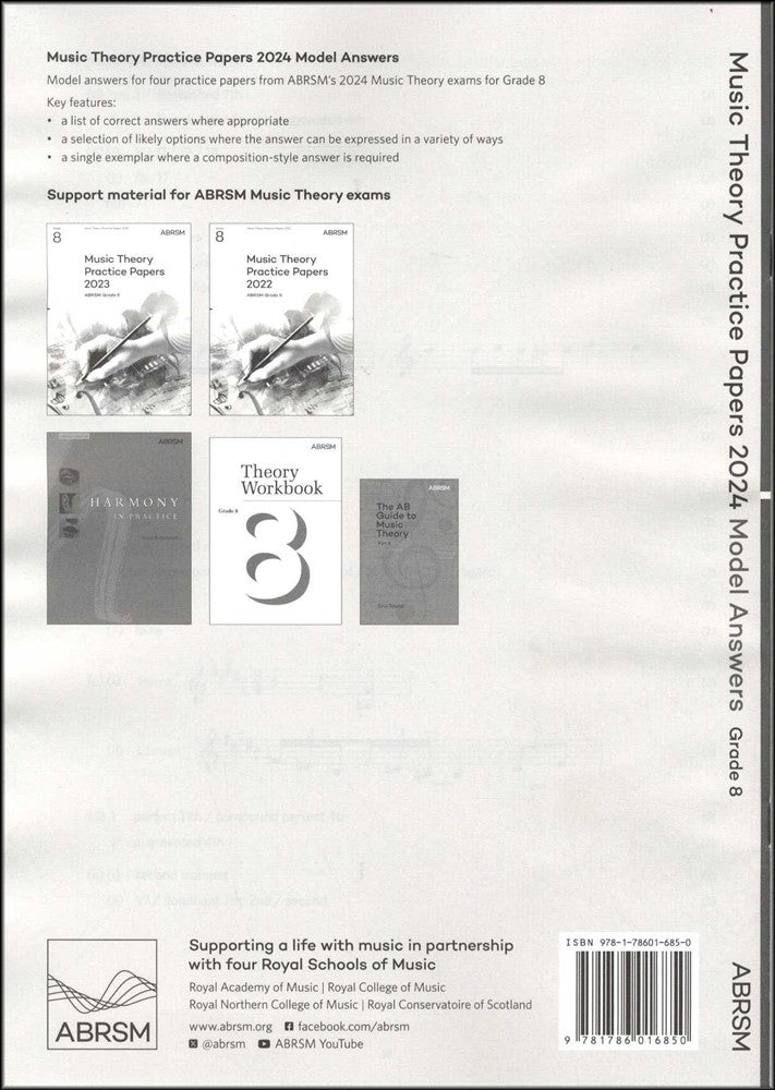 back cover of ABRSM Music Theory Practice Papers 2024 Grade 8 MODEL ANSWERS