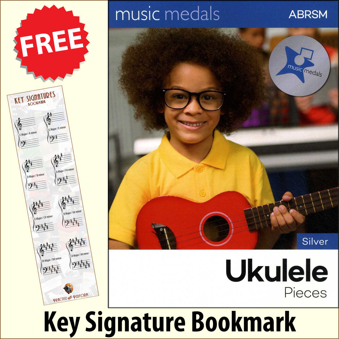 front cover of ABRSM Music Medals Silver Ukulele Pieces together with free Ukulele Chords bookmark