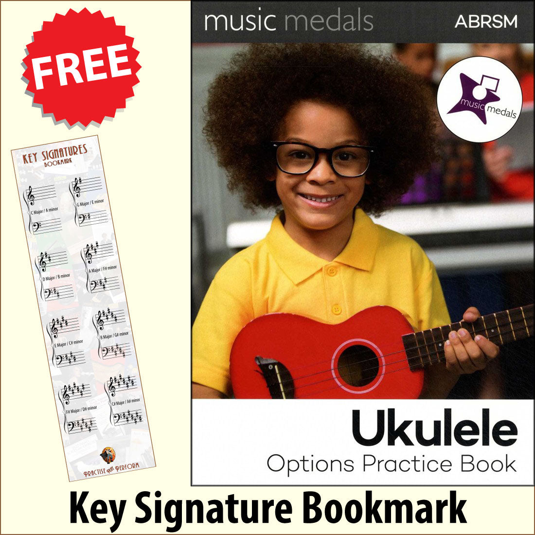 front cover of ABRSM Music Medals Ukulele Options Practice Book together with free Ukulele Chords bookmark