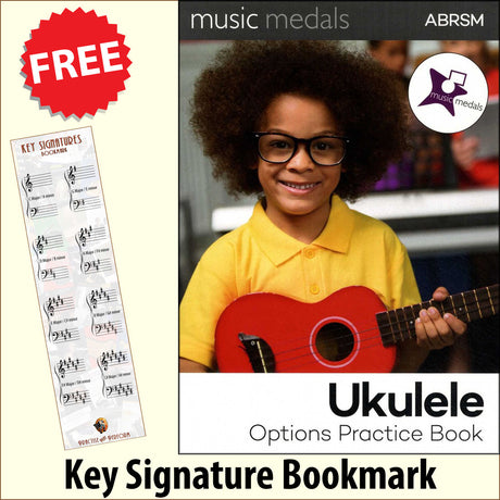 front cover of ABRSM Music Medals Ukulele Options Practice Book together with free Ukulele Chords bookmark