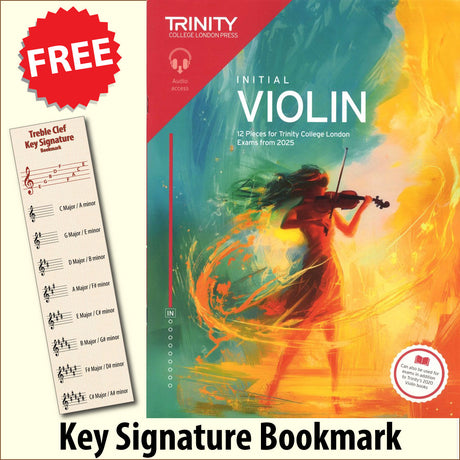 front cover of Trinity College London Violin Exam Pieces Initial from 2025 together with free Treble Clef bookmark
