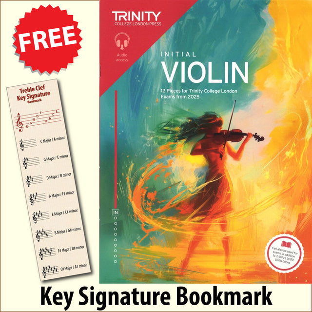 front cover of Trinity College London Violin Exam Pieces Initial from 2025 together with free Treble Clef bookmark