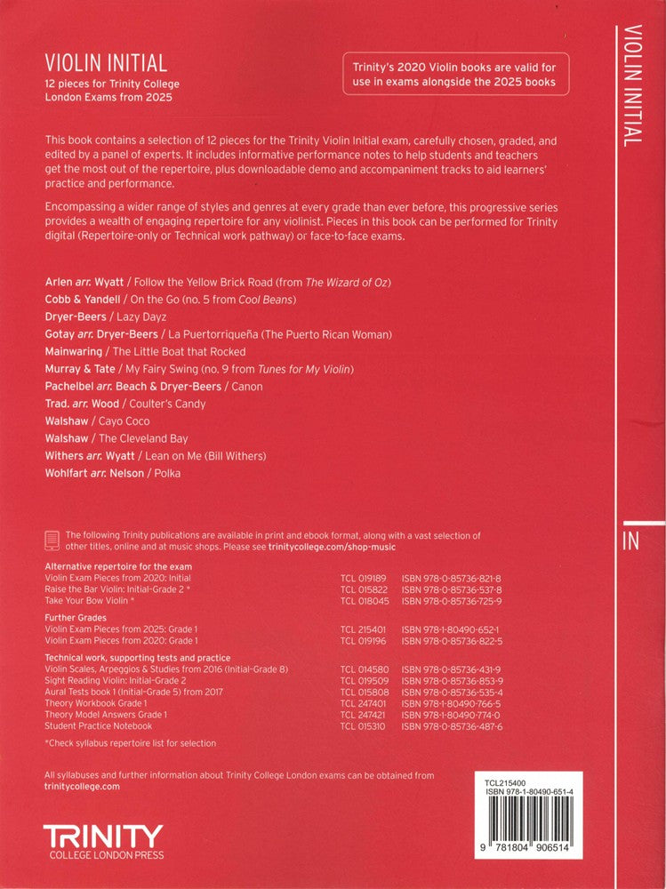 back cover of Trinity College London Violin Exam Pieces Initial from 2025