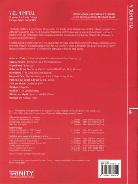 back cover of Trinity College London Violin Exam Pieces Initial from 2025