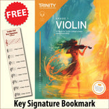 front cover of Trinity College London Violin Exam Pieces Grade 1 from 2025 together with free Treble Clef bookmark