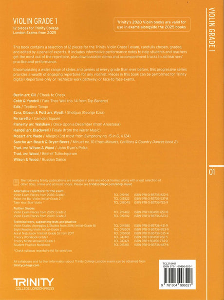 back cover of Trinity College London Violin Exam Pieces Grade 1 from 2025