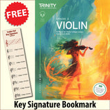 front cover of Trinity College London Violin Exam Pieces Grade 2 from 2025 together with free Treble Clef bookmark