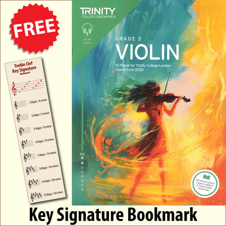 front cover of Trinity College London Violin Exam Pieces Grade 2 from 2025 together with free Treble Clef bookmark