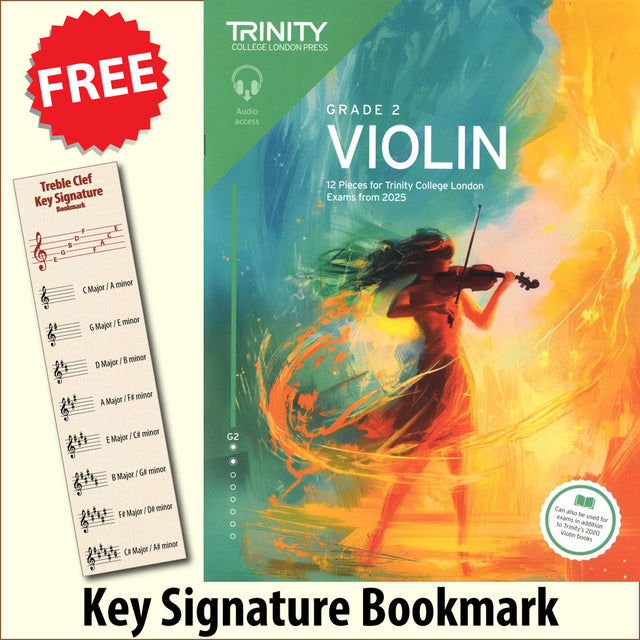 front cover of Trinity College London Violin Exam Pieces Grade 2 from 2025 together with free Treble Clef bookmark