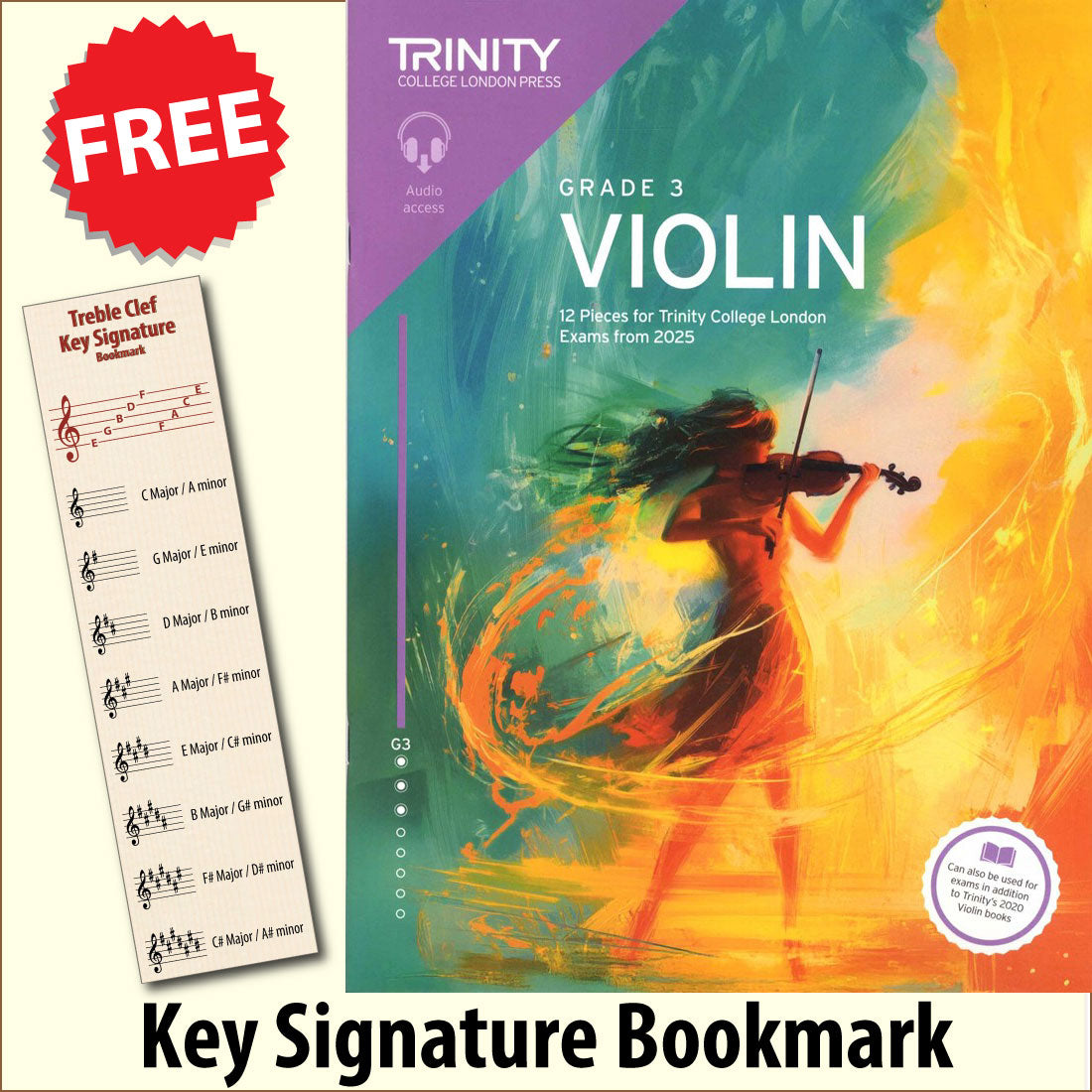 front cover of Trinity College London Violin Exam Pieces Grade 3 from 2025 together with free Treble Clef bookmark