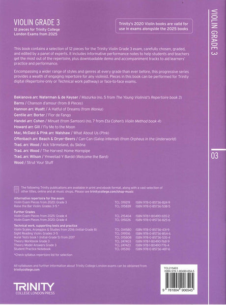 back cover of Trinity College London Violin Exam Pieces Grade 3 from 2025