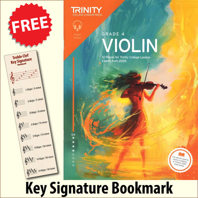 front cover of Trinity College London Violin Exam Pieces Grade 4 from 2025 together with free Treble Clef bookmark